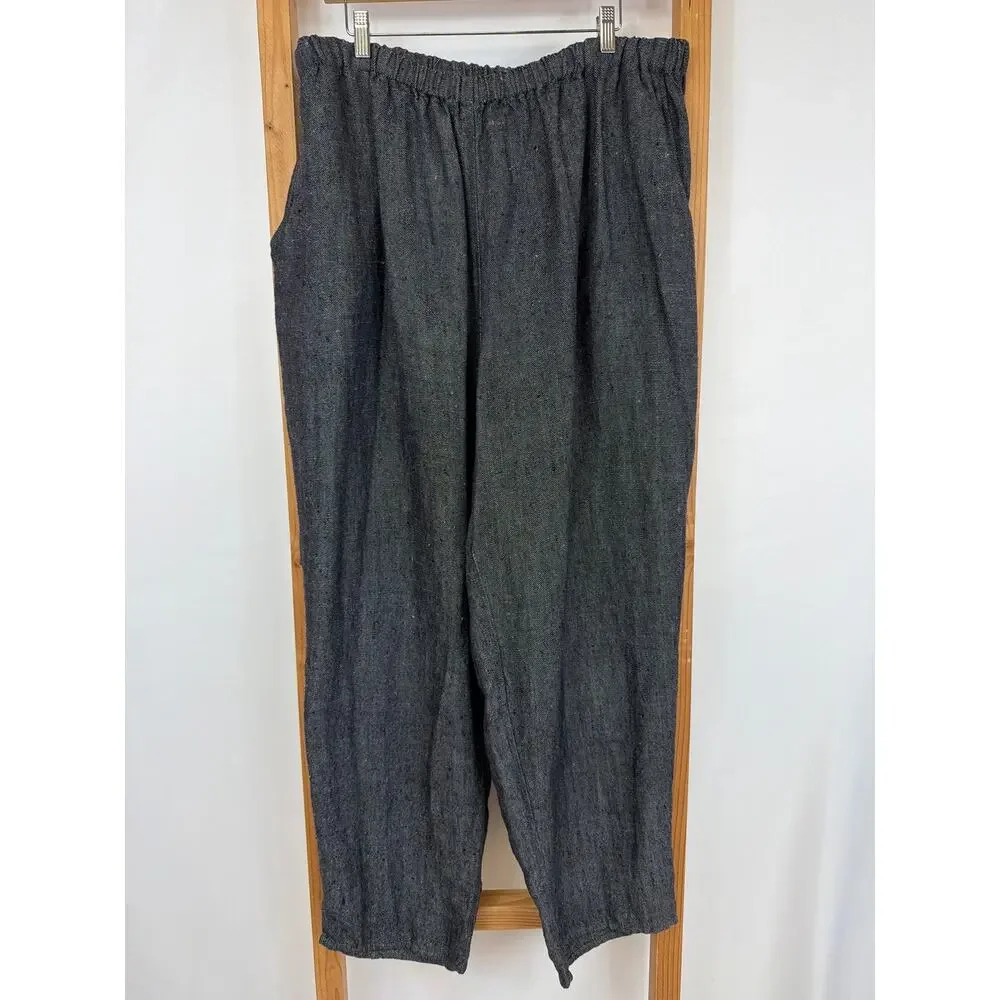 Flax Black Gray Elastic Waist Front Pockets Linen Lagenlook Pants Lithuania 3X - Picture 1 of 7